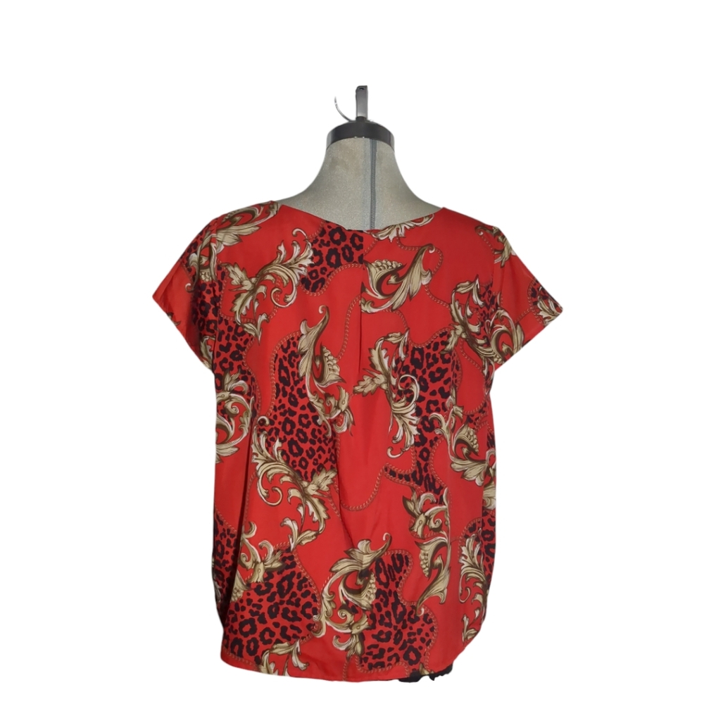 Rafaella Studio Royal Red Leopard Designs Blouse Size L